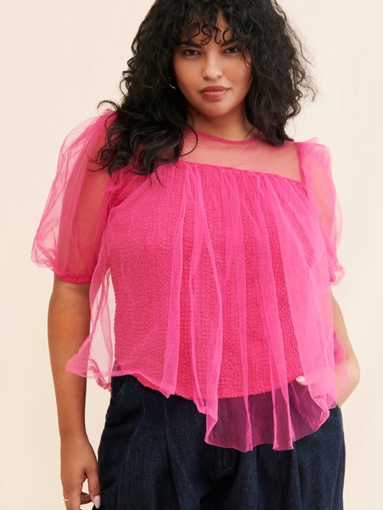 Anthropologie Tops - Anthropologie Hot Pink Sheer Tulle Mesh Overlay Blouse Plus Size